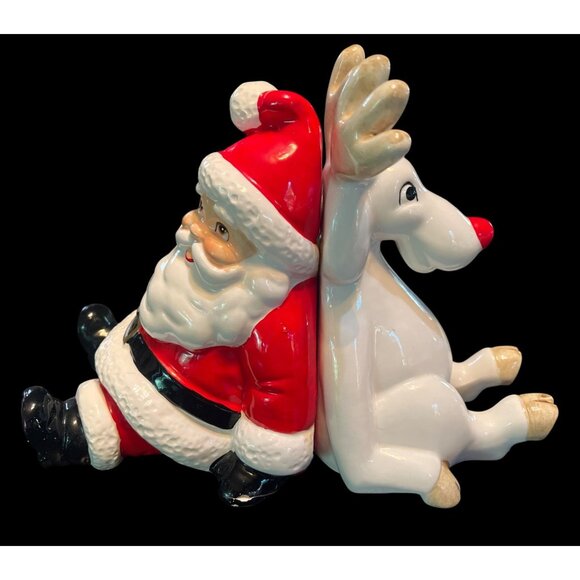Vintage Fitz And Floyd Santa & Rudolph Ceramic Holiday Bookends Christmas Decor - Picture 1 of 8